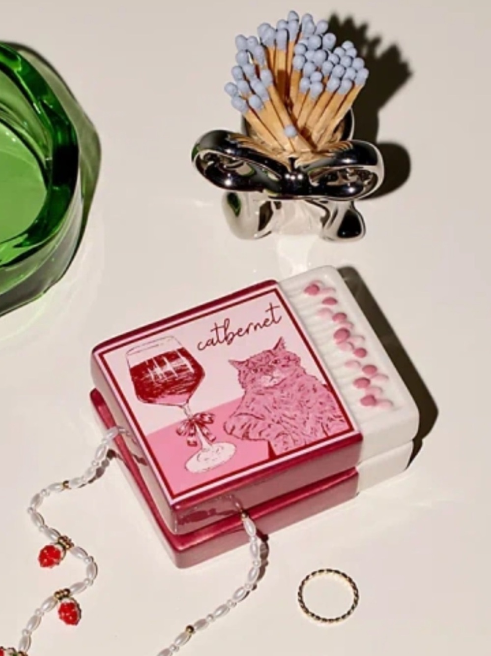 Urban Outfitters Red Pink Catbernet Wine Matchbook Ceramic Lidded Trinket Dish